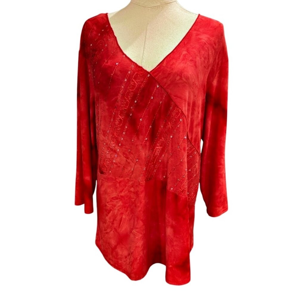 Only Nine Woman Knit Top Blouse Sz 2X Orange Sequins Stretch Pullover 3/4 Sleeve